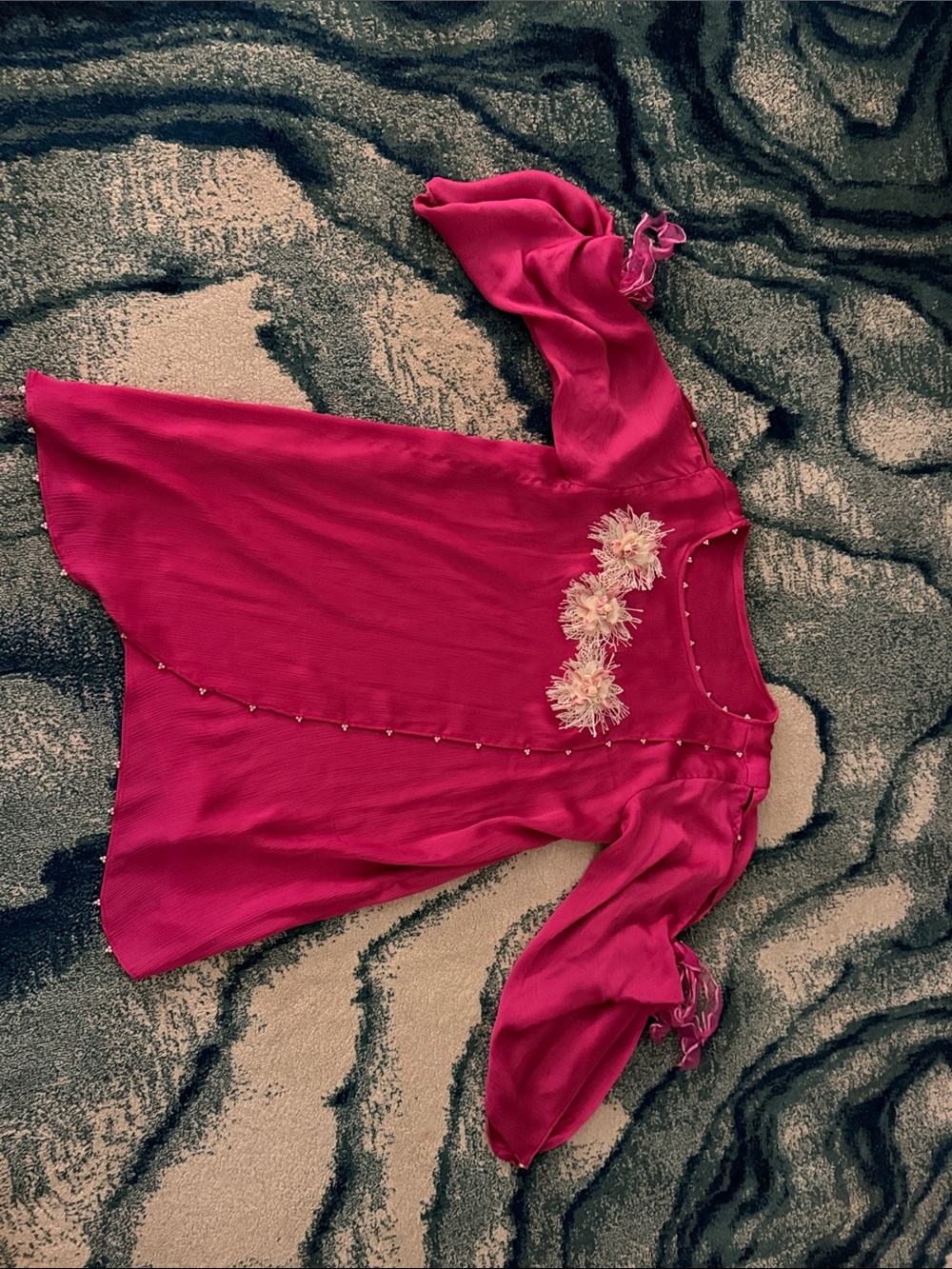 Pink Kurta with Flowers and Perl detailing